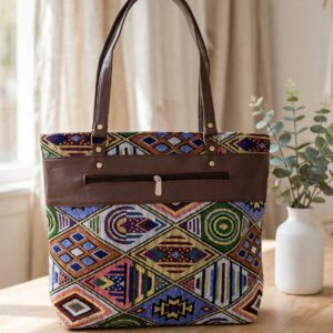Boho Chic Tribal Print Tote Bag with Faux Leather Detailing