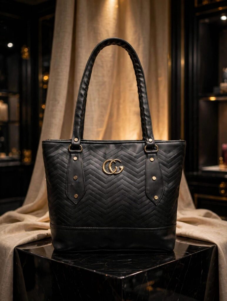 Black Chevron Quilted Designer Tote Bag