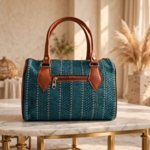 Teal Blue Woven Striped Barrel Handbag